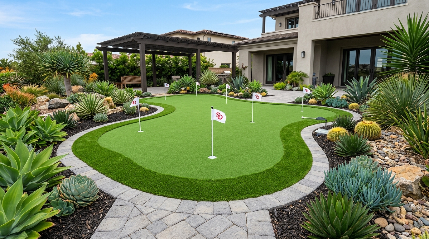 Luxury Backyard Artificial Turf Putting Green & Paver Border in Poway