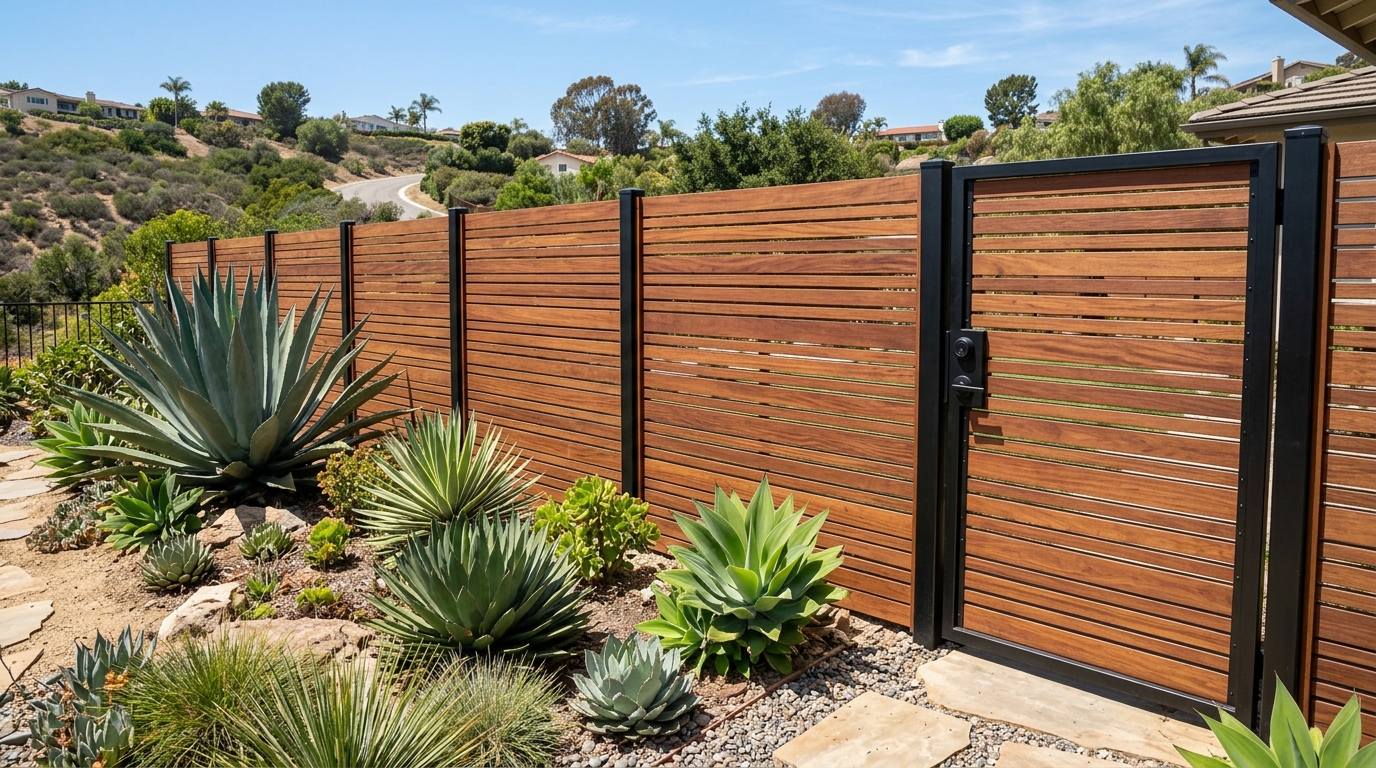 Brazilian Ipe Horizontal Wood Slat Privacy Fence & Security Gate in Del Mar