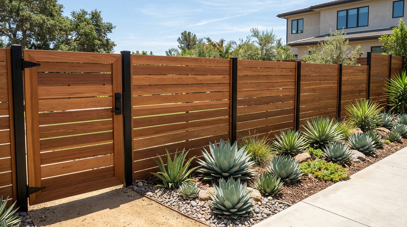 California Redwood Horizontal Slat Privacy Fence & Security Gate in Del Mar