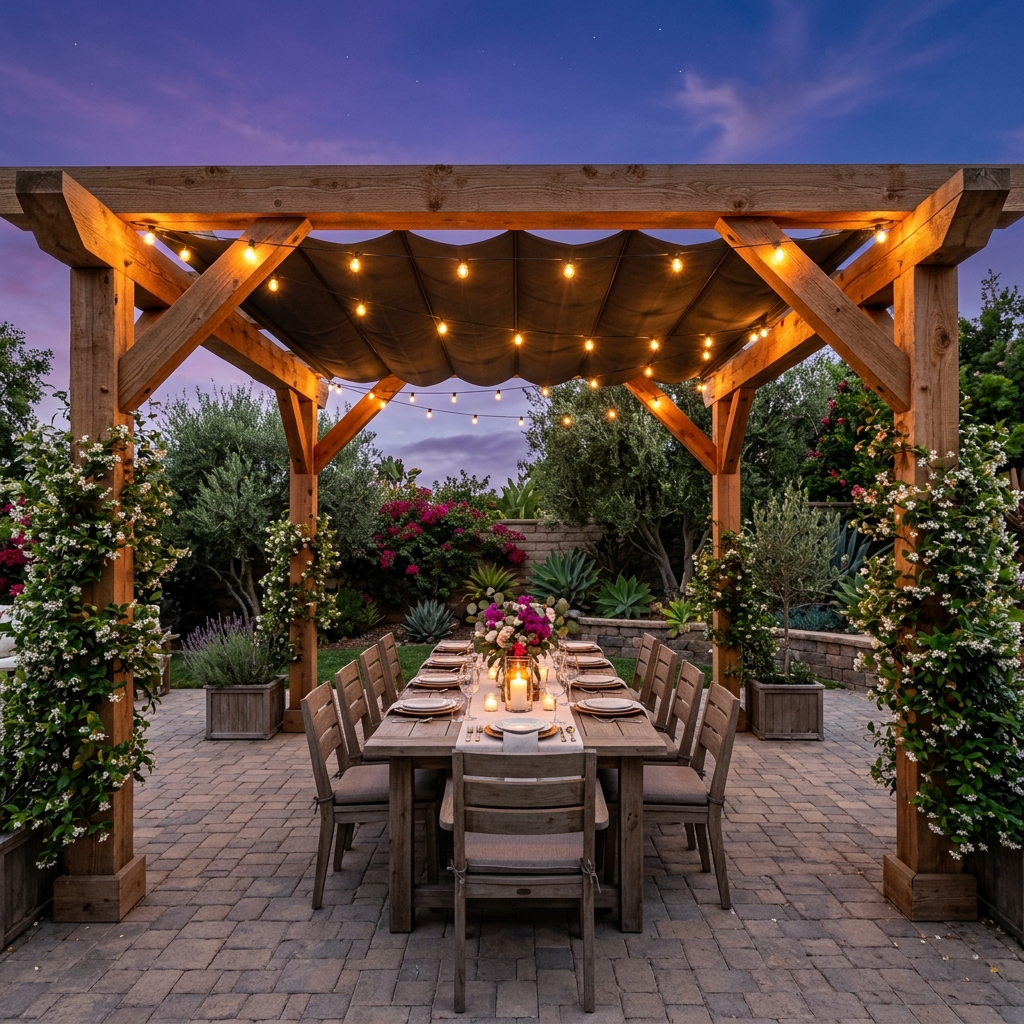 Cedar Pergola with Retractable Canopy Over Paver Patio in Ramona