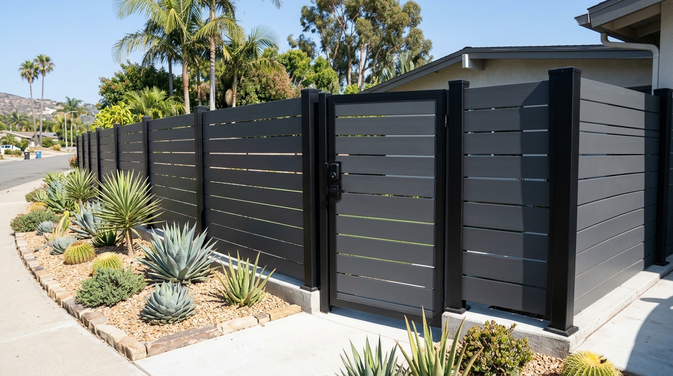 Charcoal Aluminum Horizontal Slat Privacy Fence & Gate in Del Mar