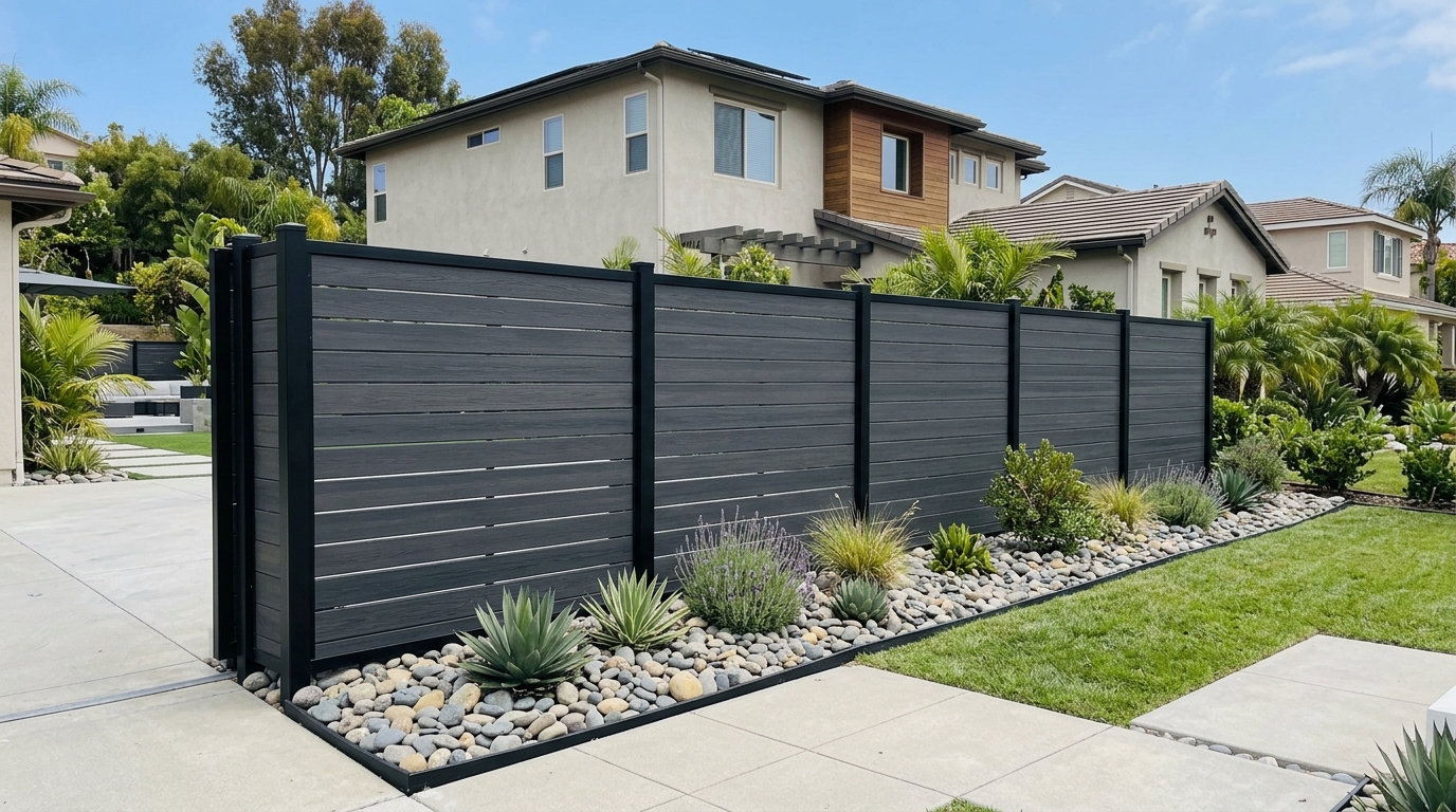 Charcoal Composite Horizontal Privacy Fence Installation in Del Mar
