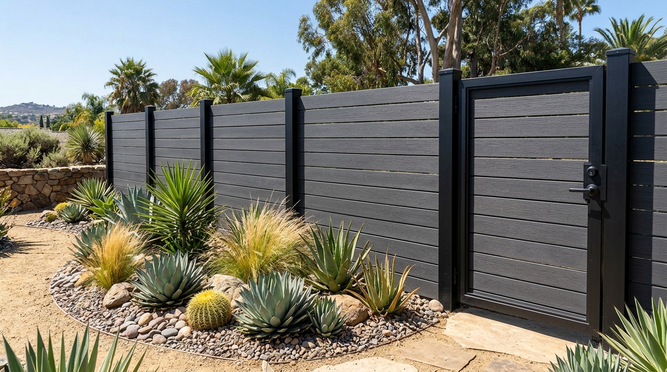 Charcoal Composite Horizontal Slat Privacy Fence & Gate in Del Mar