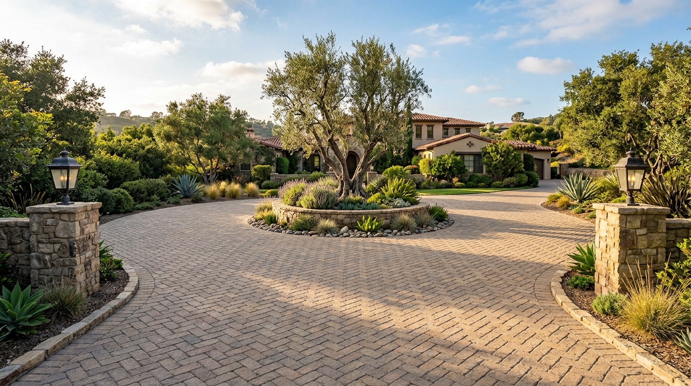 Chevron Interlocking Paver Estate Motor Court & Stone Retaining Pillars in Rancho Santa Fe