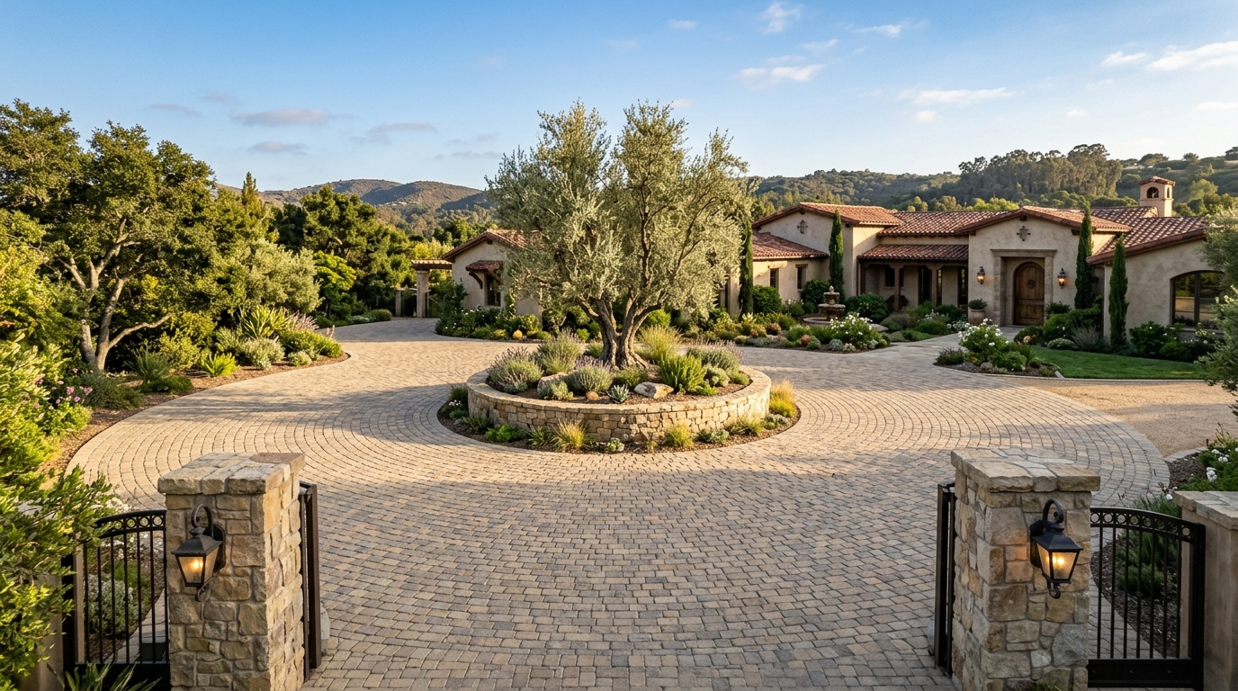 Circular Cobblestone Estate Motor Court & Olive Tree Planter in Rancho Santa Fe