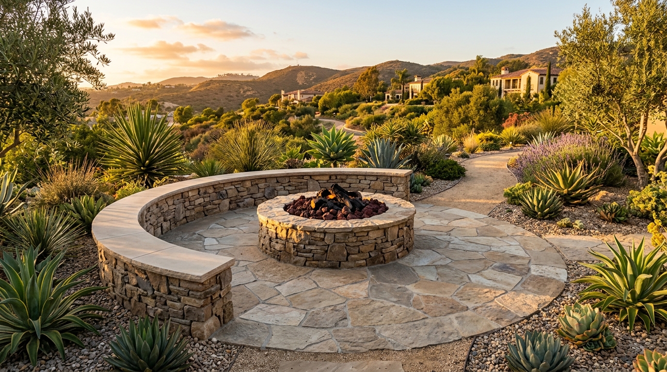 Circular Flagstone Patio & Built-In Stone Fire Pit Lounge in La Jolla