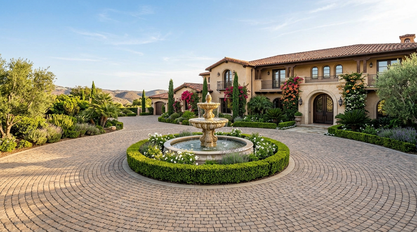 Circular Tumbled Cobblestone Estate Motor Court & Tiered Fountain in Rancho Santa Fe