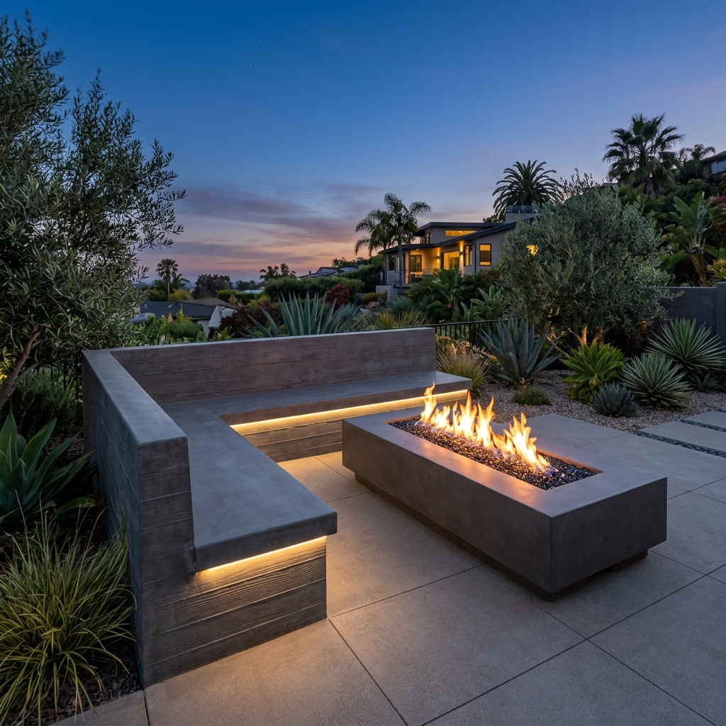 Modern Fire Pit Lounge with Built-In Seating in La Mesa