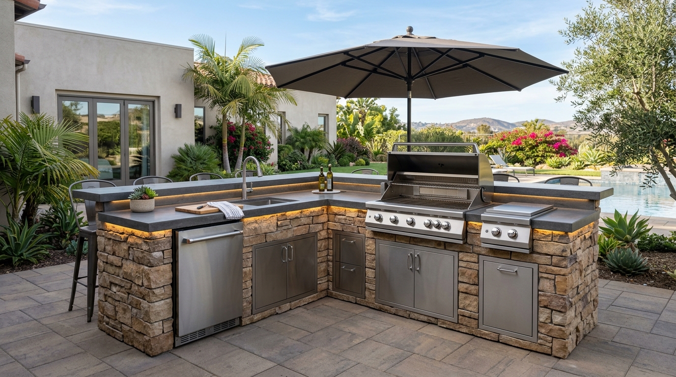 Custom L-Shaped BBQ Island & Outdoor Bar Builder in Lakeside