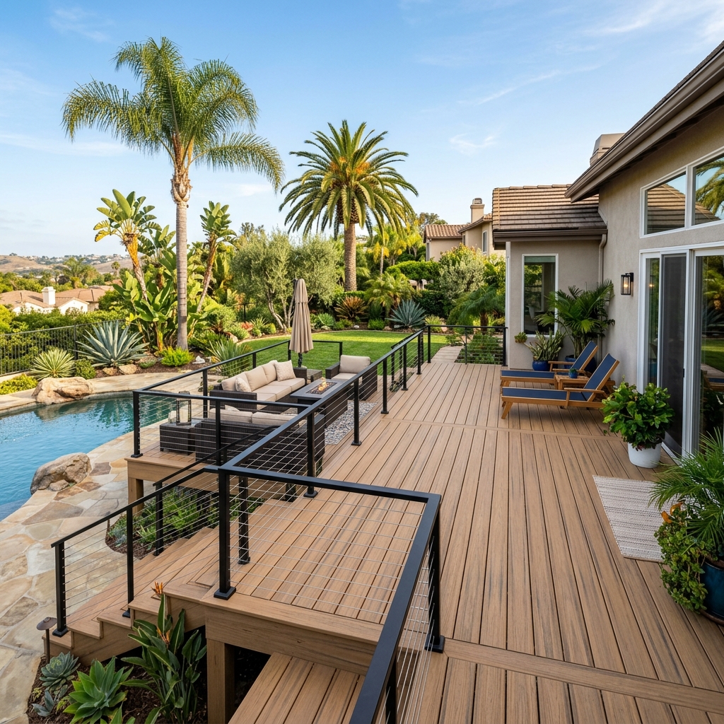 Trex Transcend Lineage Biscayne — Warm Sandy Tan vinyl plank flooring installed in San Diego home by Hardscape Flow