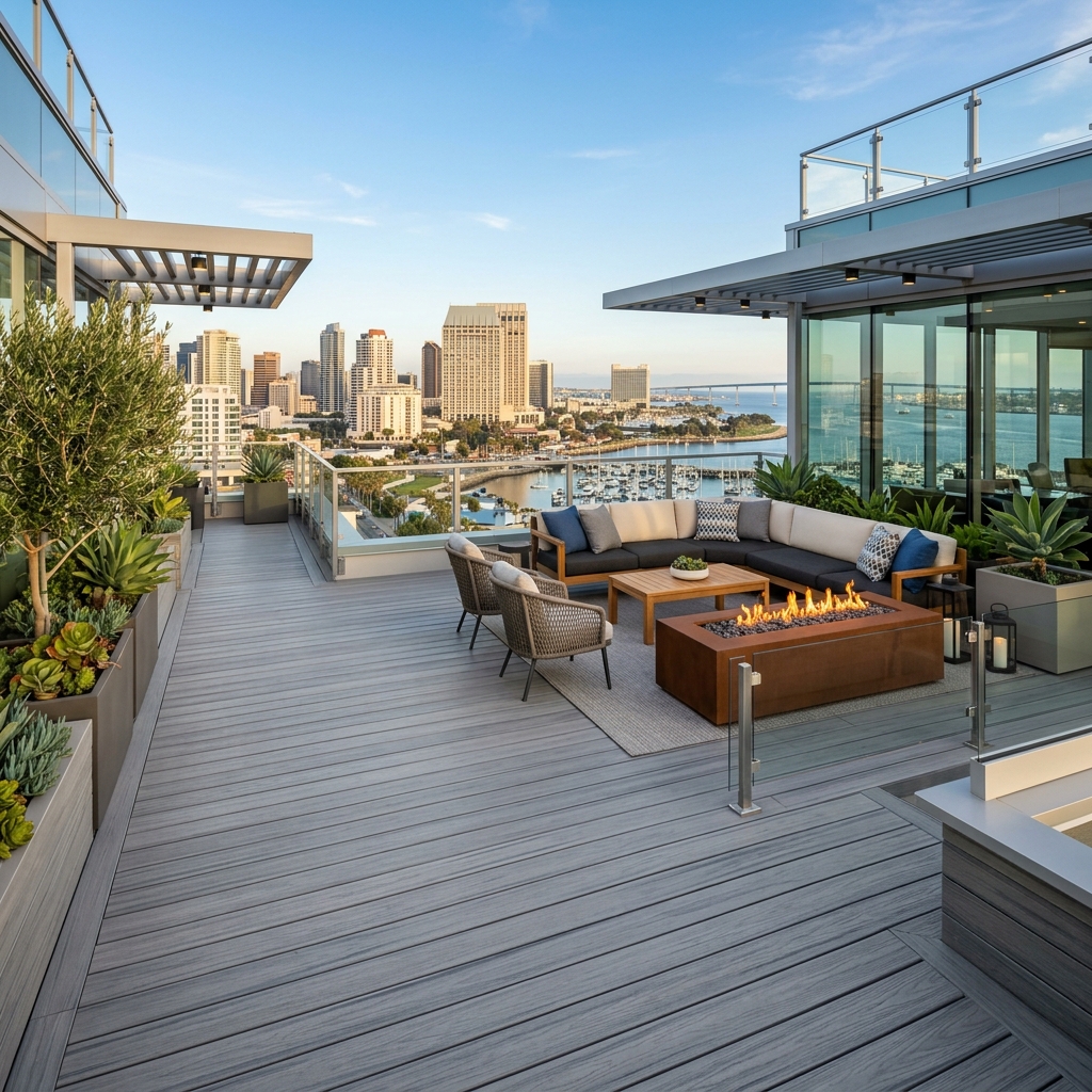 Trex Transcend Lineage Island Mist — Cool Silver Gray vinyl plank flooring installed in San Diego home by Hardscape Flow