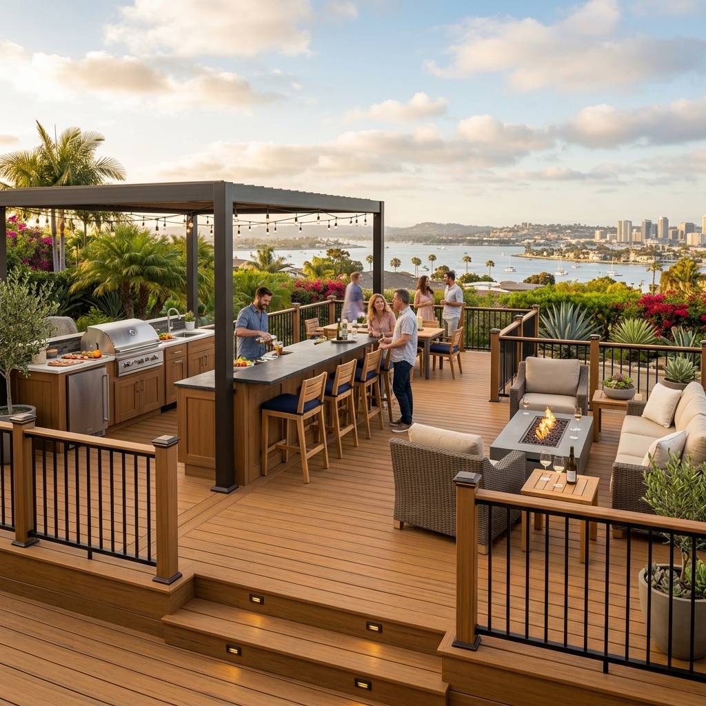 Trex Transcend Tiki Torch — Golden Caramel vinyl plank flooring installed in San Diego home by Hardscape Flow