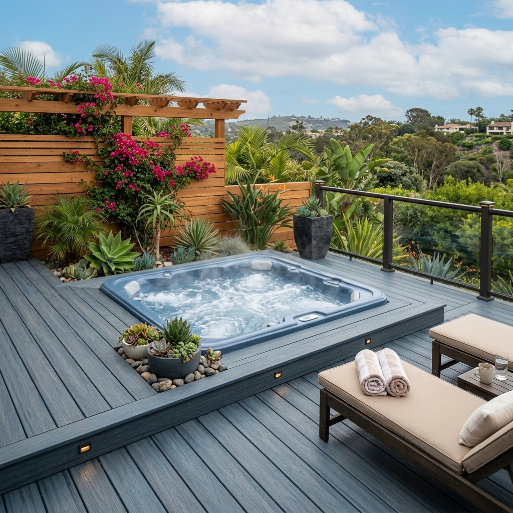 Trex Enhance Tide Pool — Deep Blue-Gray vinyl plank flooring installed in San Diego home by Hardscape Flow