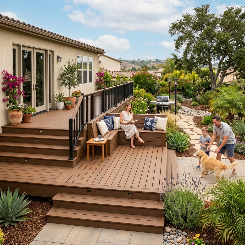 Trex Enhance Saddle — Classic Brown vinyl plank flooring installed in San Diego home by Hardscape Flow
