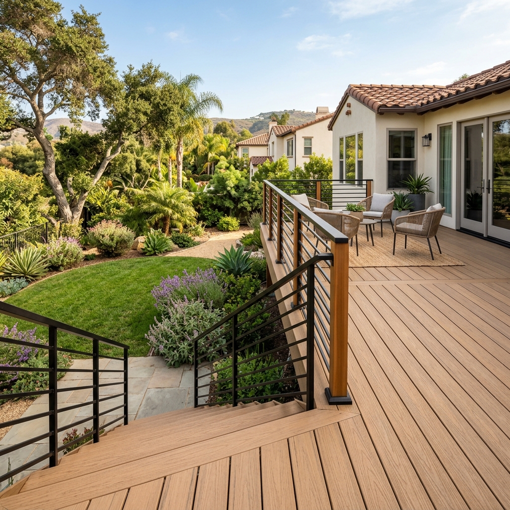 Trex Transcend Lineage Biscayne Stairs — Warm Sandy Tan vinyl plank flooring installed in San Diego home by Hardscape Flow
