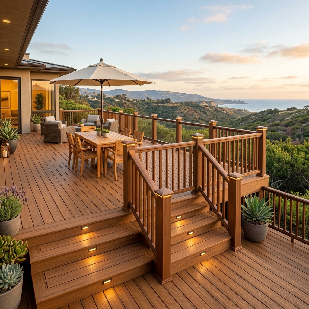 Trex Transcend Spiced Rum with Railing — Warm Amber Brown vinyl plank flooring installed in San Diego home by Hardscape Flow