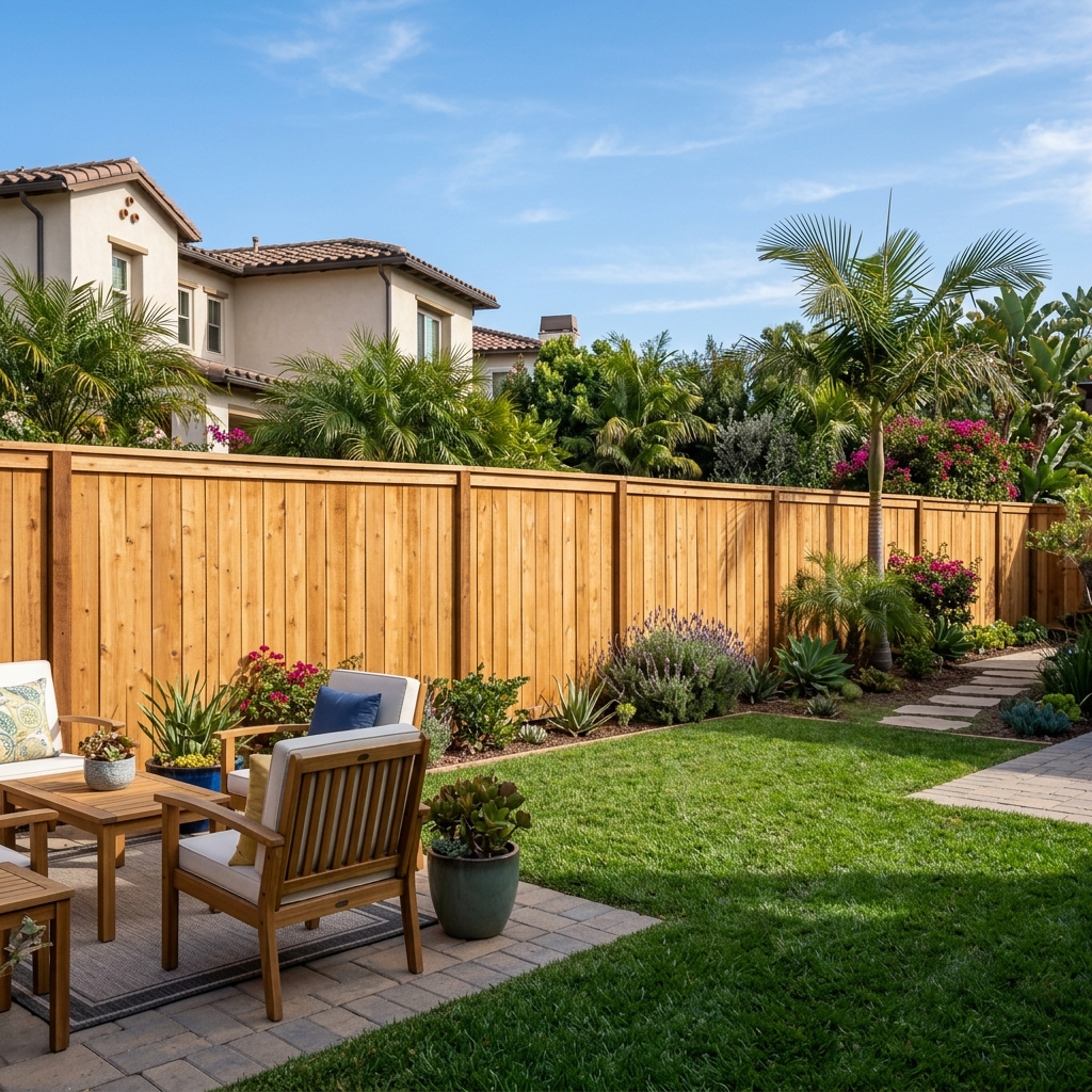 Western Red Cedar Privacy Fence — Natural Cedar vinyl plank flooring installed in San Diego home by Hardscape Flow