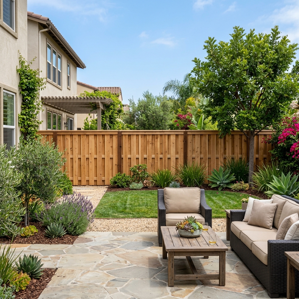 Cedar Shadow Box Fence — Natural Cedar vinyl plank flooring installed in San Diego home by Hardscape Flow