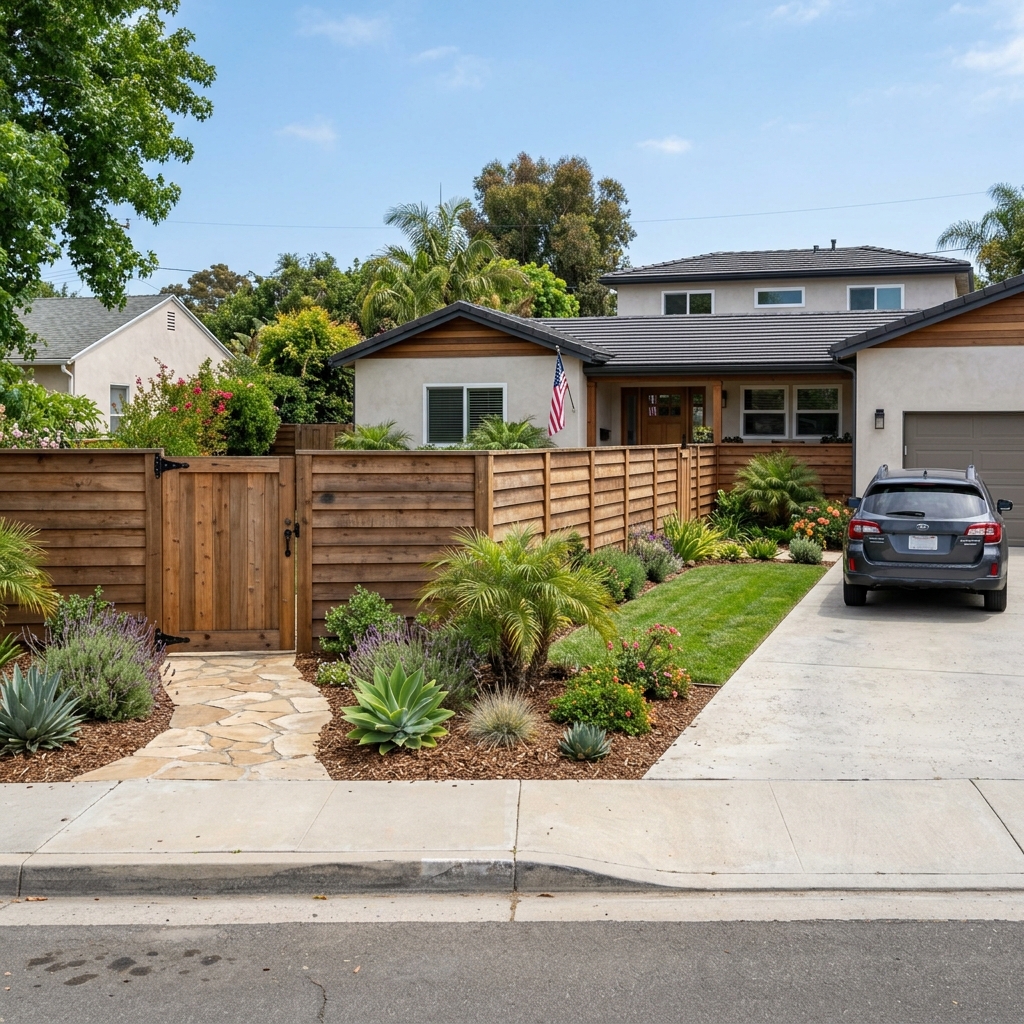 Cedar Board on Board Fence — Natural Cedar vinyl plank flooring installed in San Diego home by Hardscape Flow