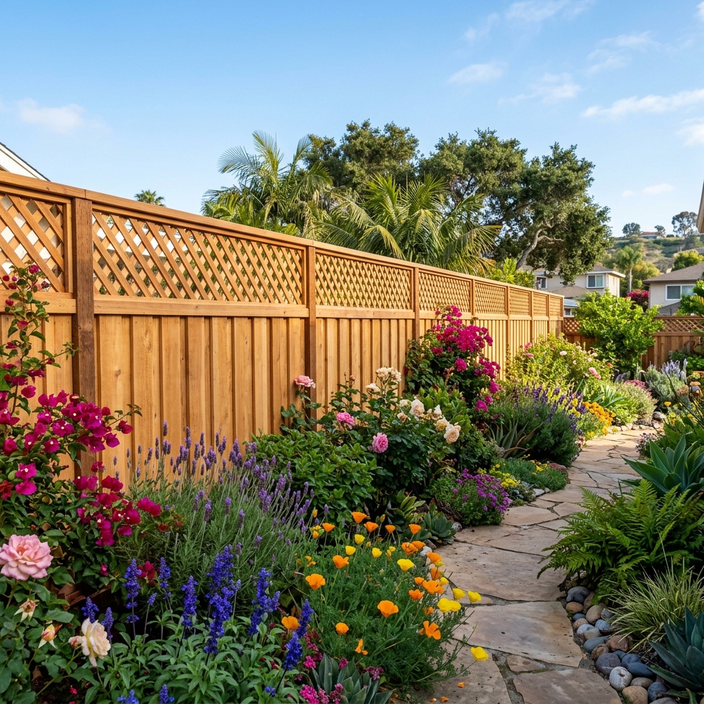 Cedar Lattice Top Privacy Fence — Natural Cedar vinyl plank flooring installed in San Diego home by Hardscape Flow