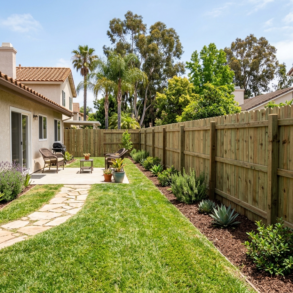 Pressure Treated Pine Privacy Fence — Green Treated vinyl plank flooring installed in San Diego home by Hardscape Flow
