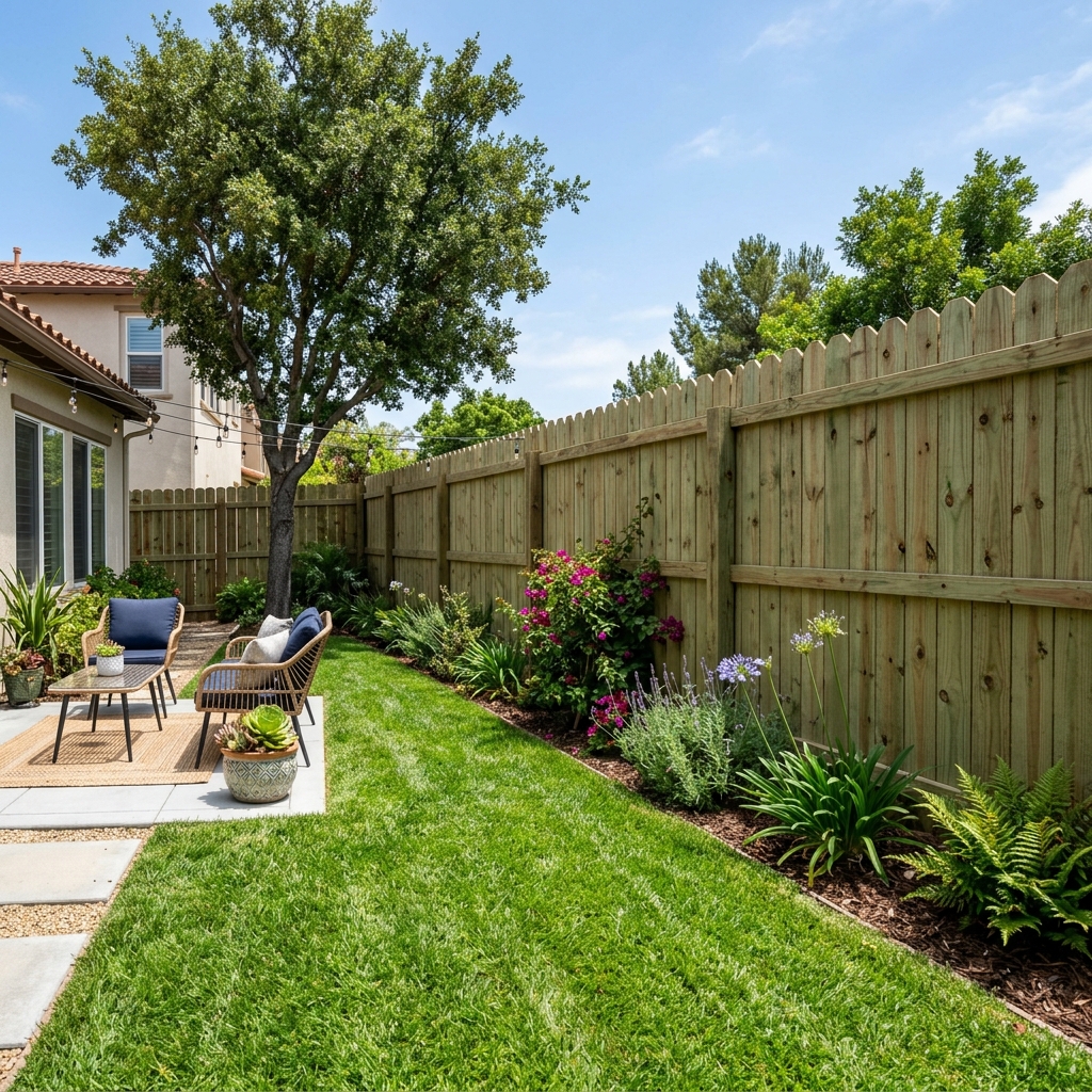 Pine Stockade Fence — Green Treated vinyl plank flooring installed in San Diego home by Hardscape Flow