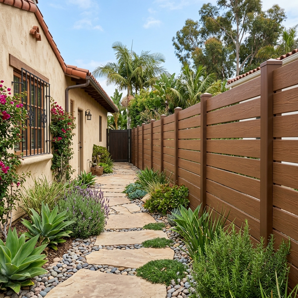 Veranda Sierra Cedar Vinyl Semi-Privacy — Cedar Brown vinyl plank flooring installed in San Diego home by Hardscape Flow