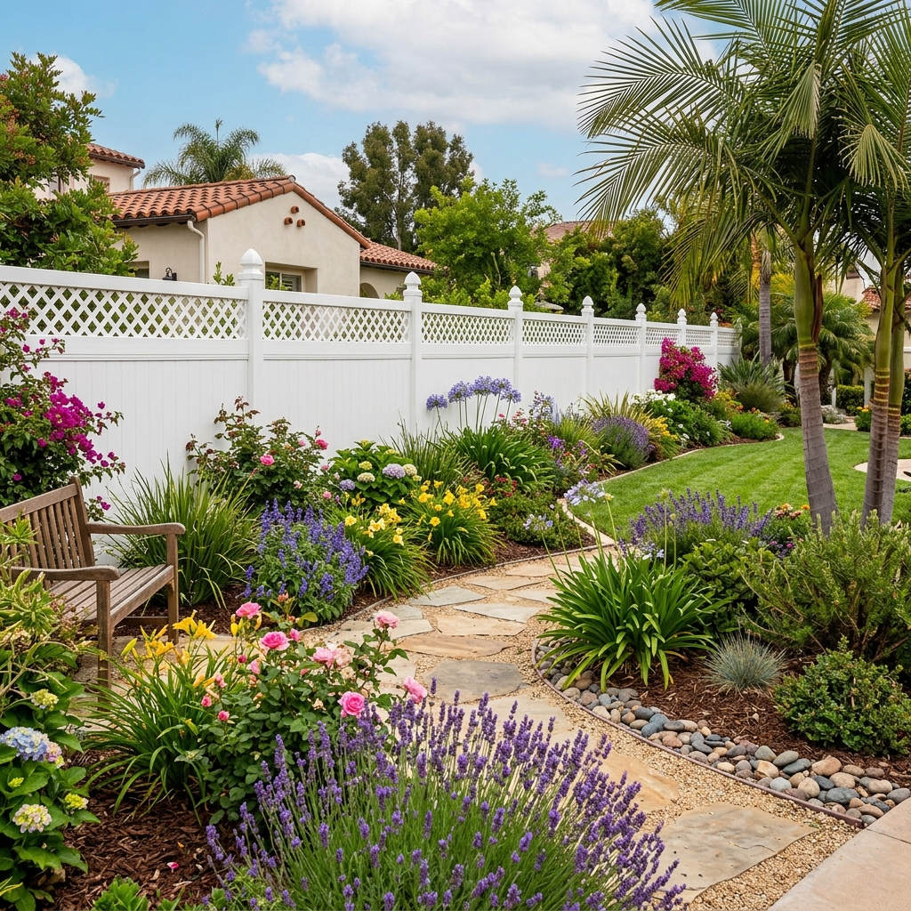 Barrette Hamptons Lattice Top Fence — White vinyl plank flooring installed in San Diego home by Hardscape Flow