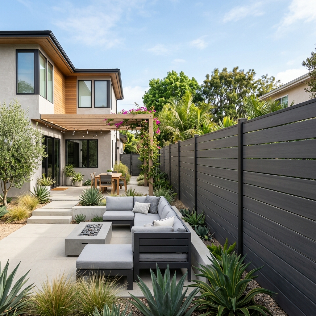 Trex Horizons Composite Privacy Fence — Winchester Gray vinyl plank flooring installed in San Diego home by Hardscape Flow
