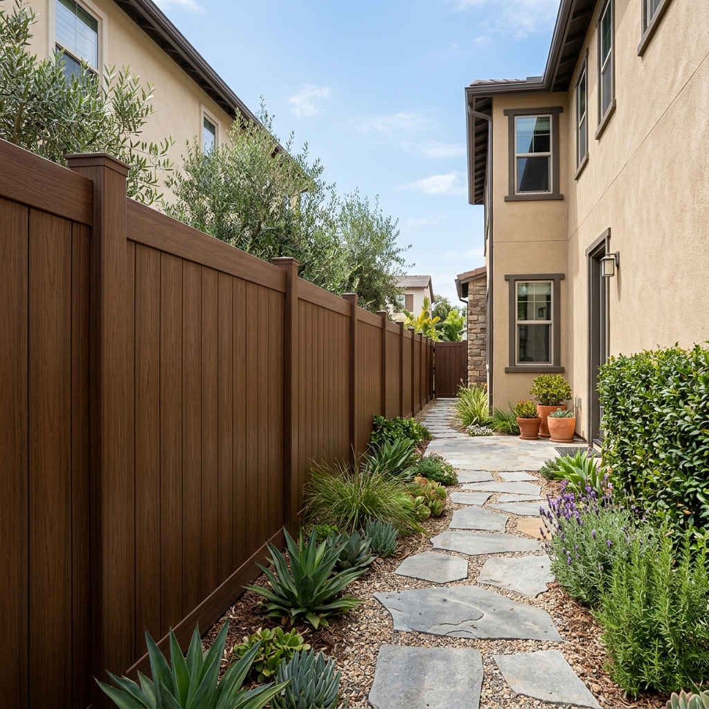 Trex Seclusions Composite Privacy Fence — Saddle Brown vinyl plank flooring installed in San Diego home by Hardscape Flow