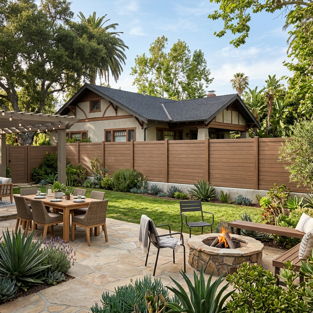 Trex Horizons Composite Privacy Fence — Woodland Brown vinyl plank flooring installed in San Diego home by Hardscape Flow