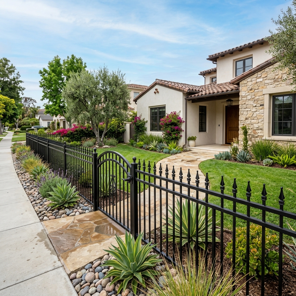 Black Aluminum Decorative Fence — Black vinyl plank flooring installed in San Diego home by Hardscape Flow