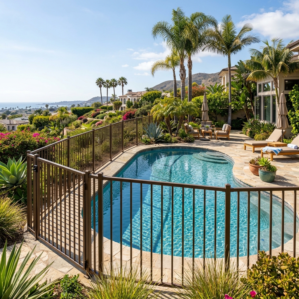 Bronze Aluminum Pool Fence — Bronze vinyl plank flooring installed in San Diego home by Hardscape Flow