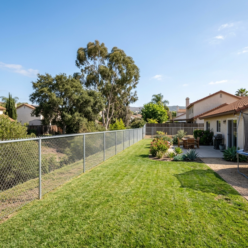 Galvanized Chain Link Fence — Silver vinyl plank flooring installed in San Diego home by Hardscape Flow