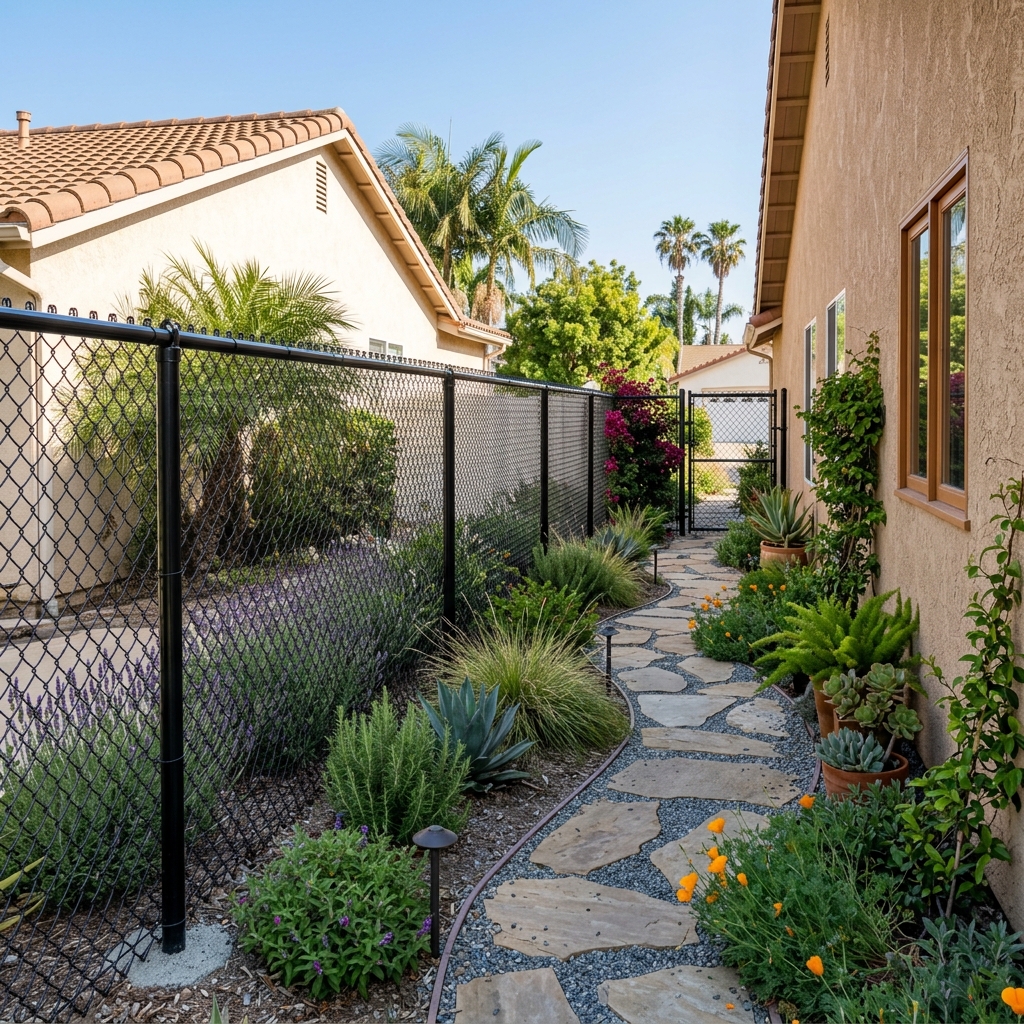 Black Vinyl Coated Chain Link Fence — Black vinyl plank flooring installed in San Diego home by Hardscape Flow