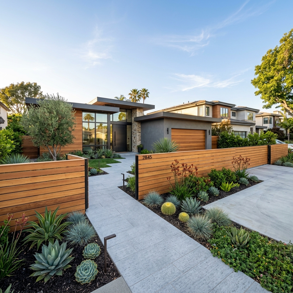 Modern Horizontal Cedar Slat Fence — Natural Cedar vinyl plank flooring installed in San Diego home by Hardscape Flow