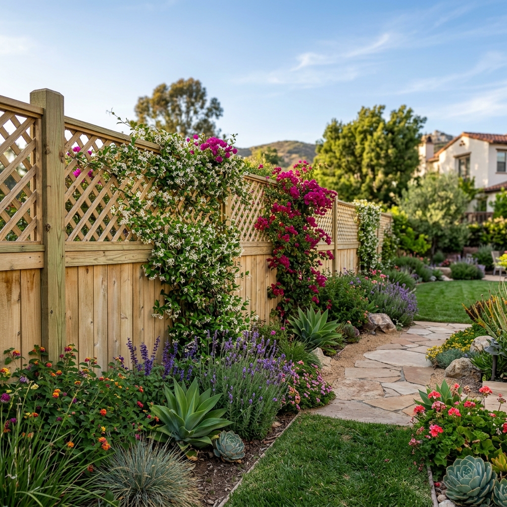 Pine Lattice Top Fence — Green Treated vinyl plank flooring installed in San Diego home by Hardscape Flow