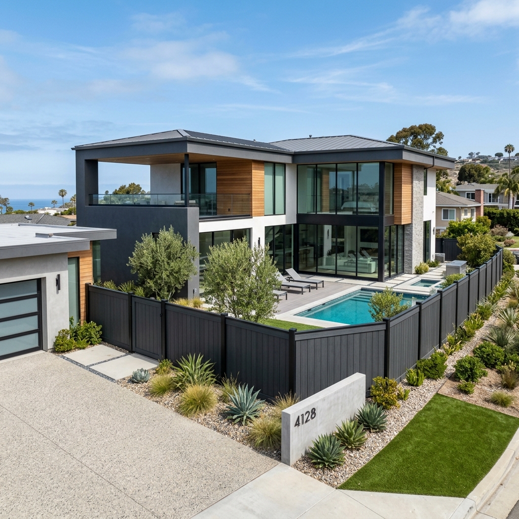 Trex Seclusions Composite Privacy Fence — Dark Gray vinyl plank flooring installed in San Diego home by Hardscape Flow