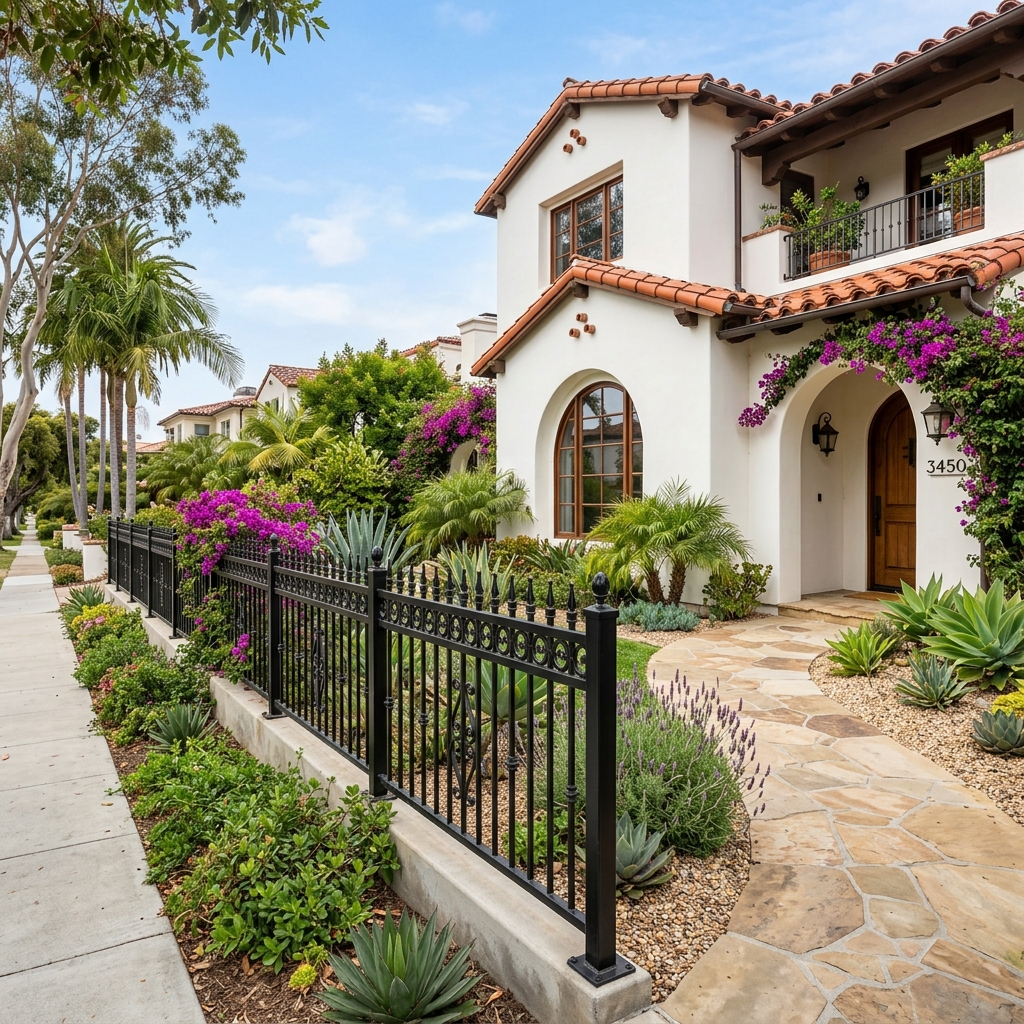 Wrought Iron Style Steel Fence — Black vinyl plank flooring installed in San Diego home by Hardscape Flow