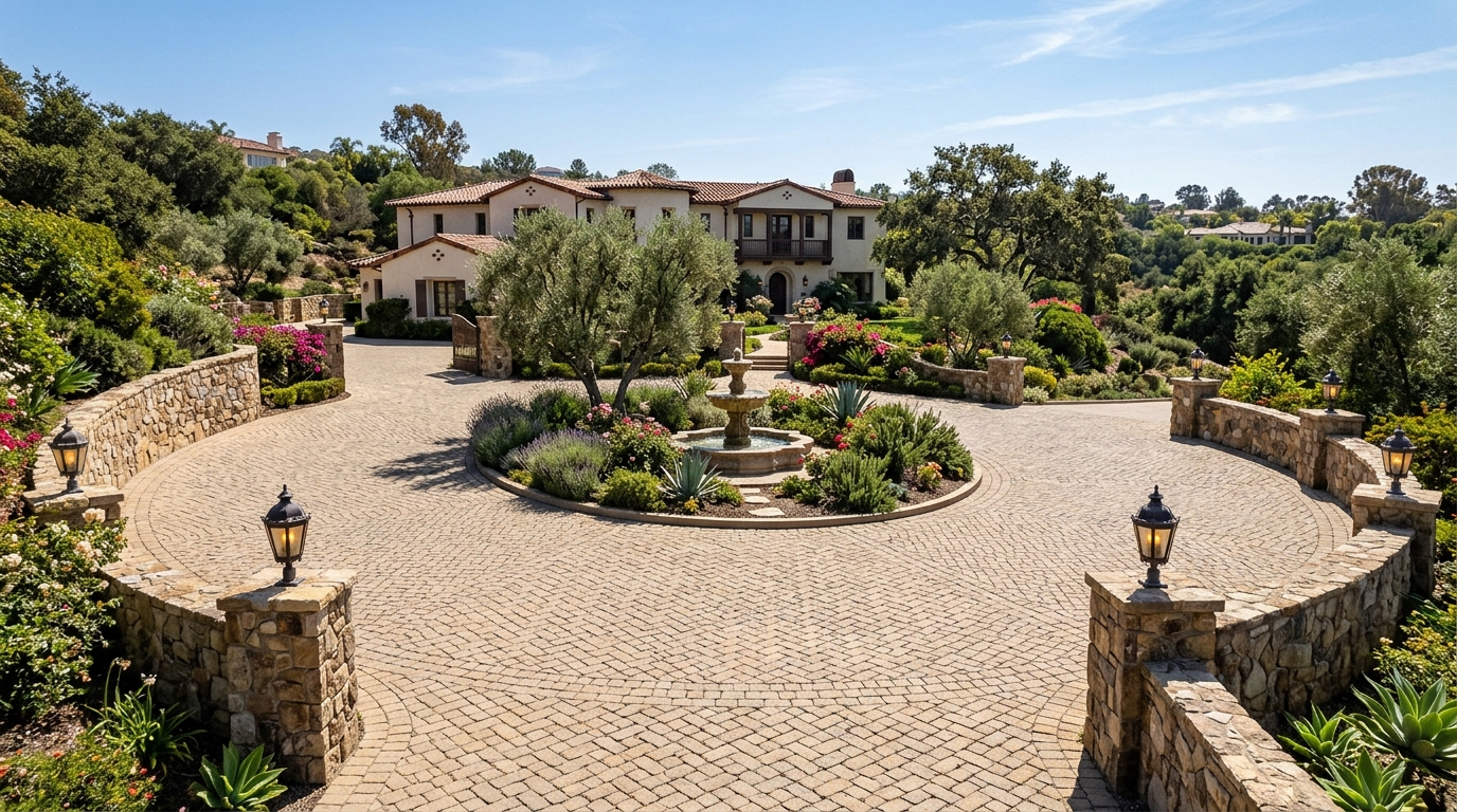 Herringbone Cobblestone Estate Motor Court & Stone Retaining Pillars in Rancho Santa Fe