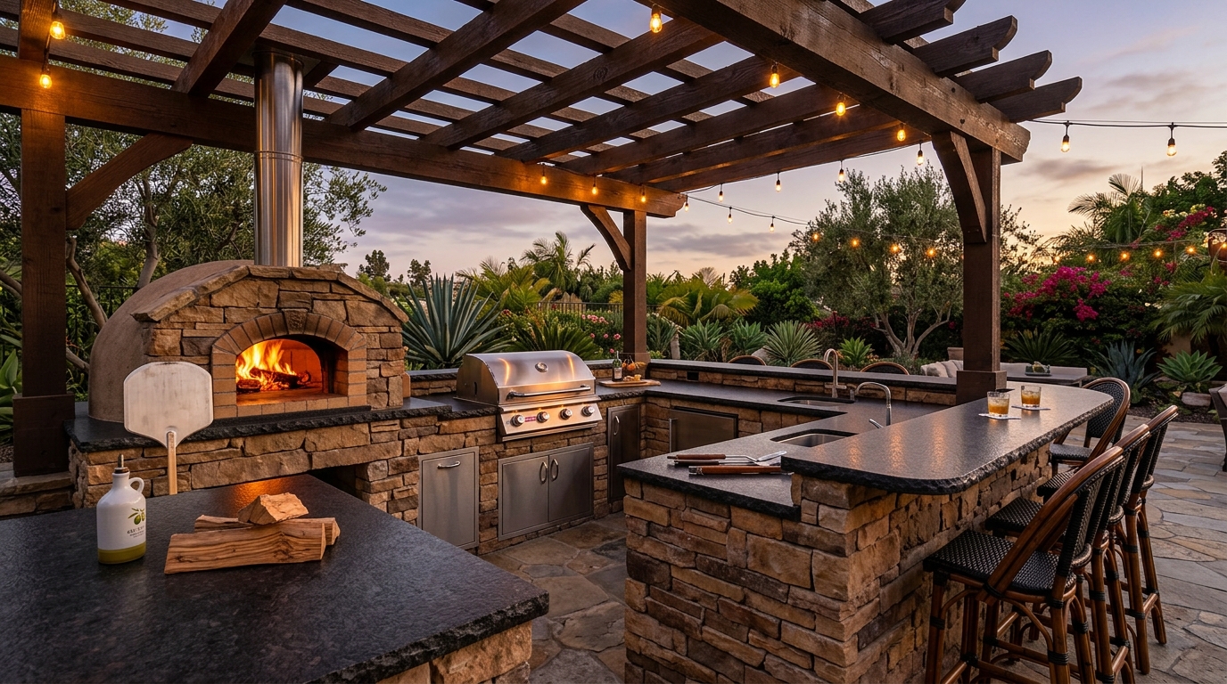 L-Shaped Stone Outdoor Kitchen with Wood-Fired Pizza Oven & Bull Grill in Encinitas