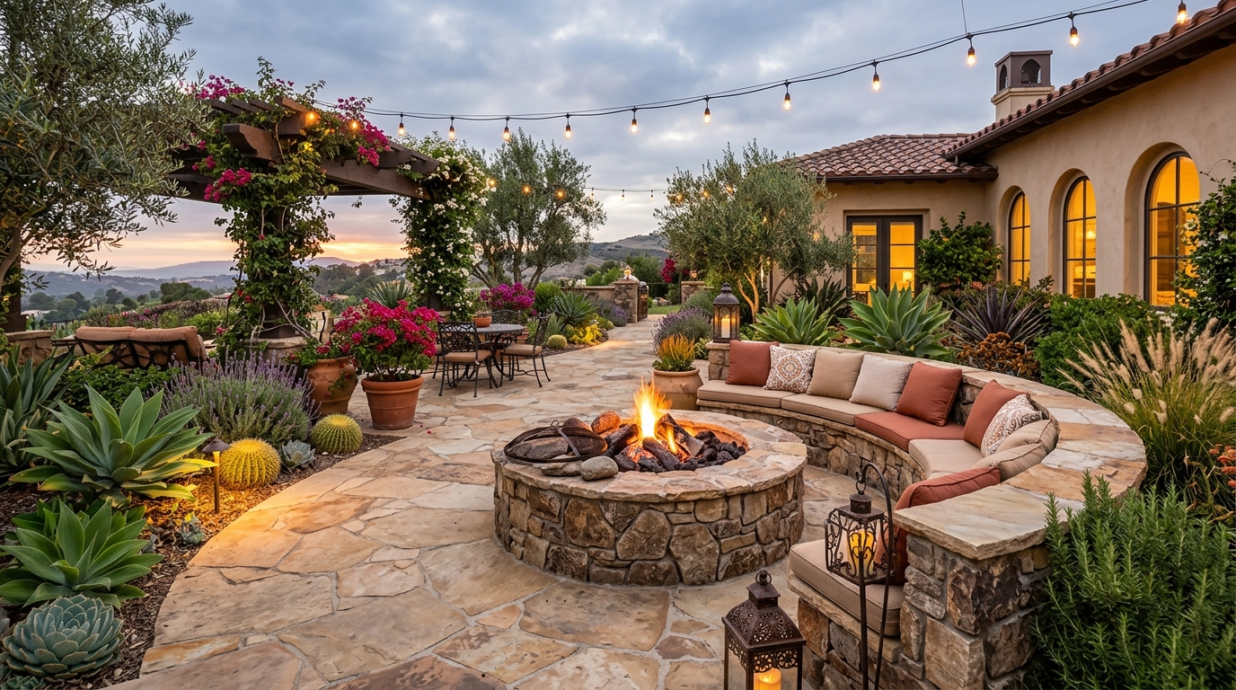 Custom Mediterranean Fire Pit & Seat Wall Designs in Del Mar