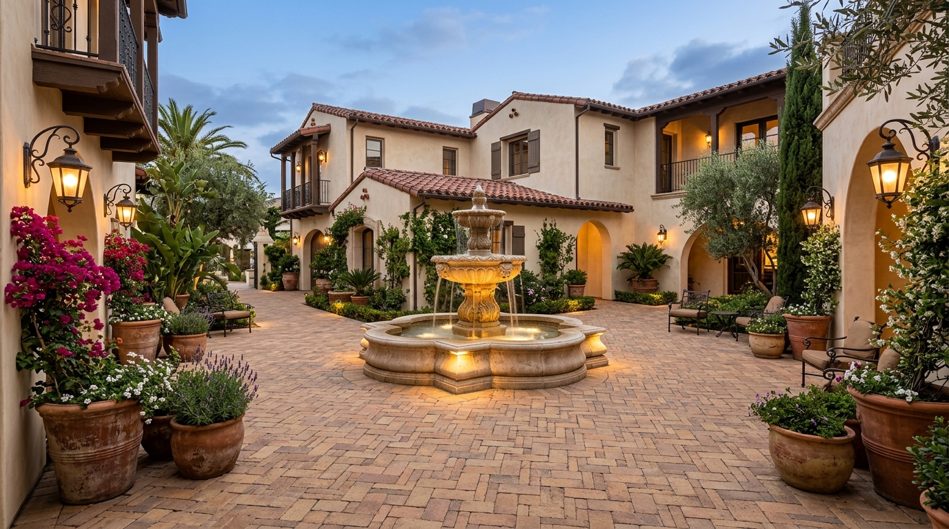 Mediterranean Paver Courtyard & Water Fountain Design in Rancho Bernardo
