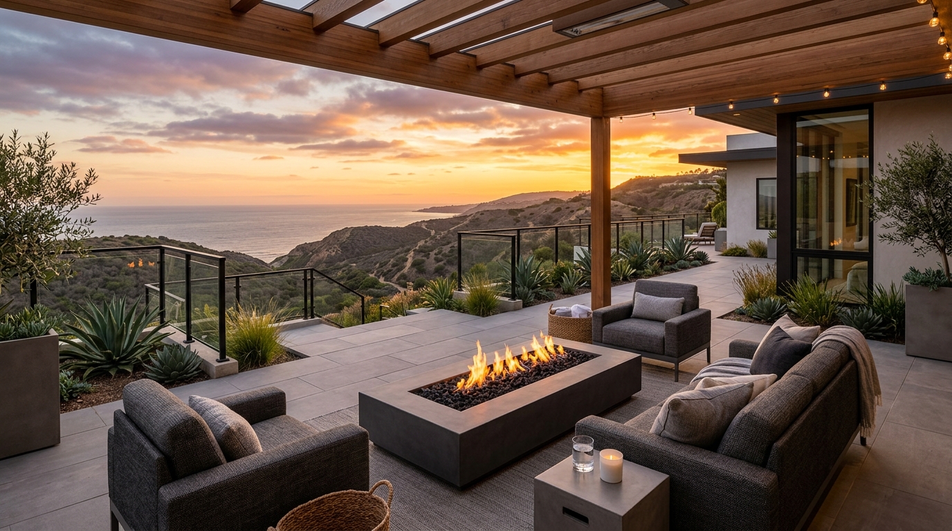 Modern Porcelain Patio with Linear Gas Fire Table & Cedar Pergola in La Jolla