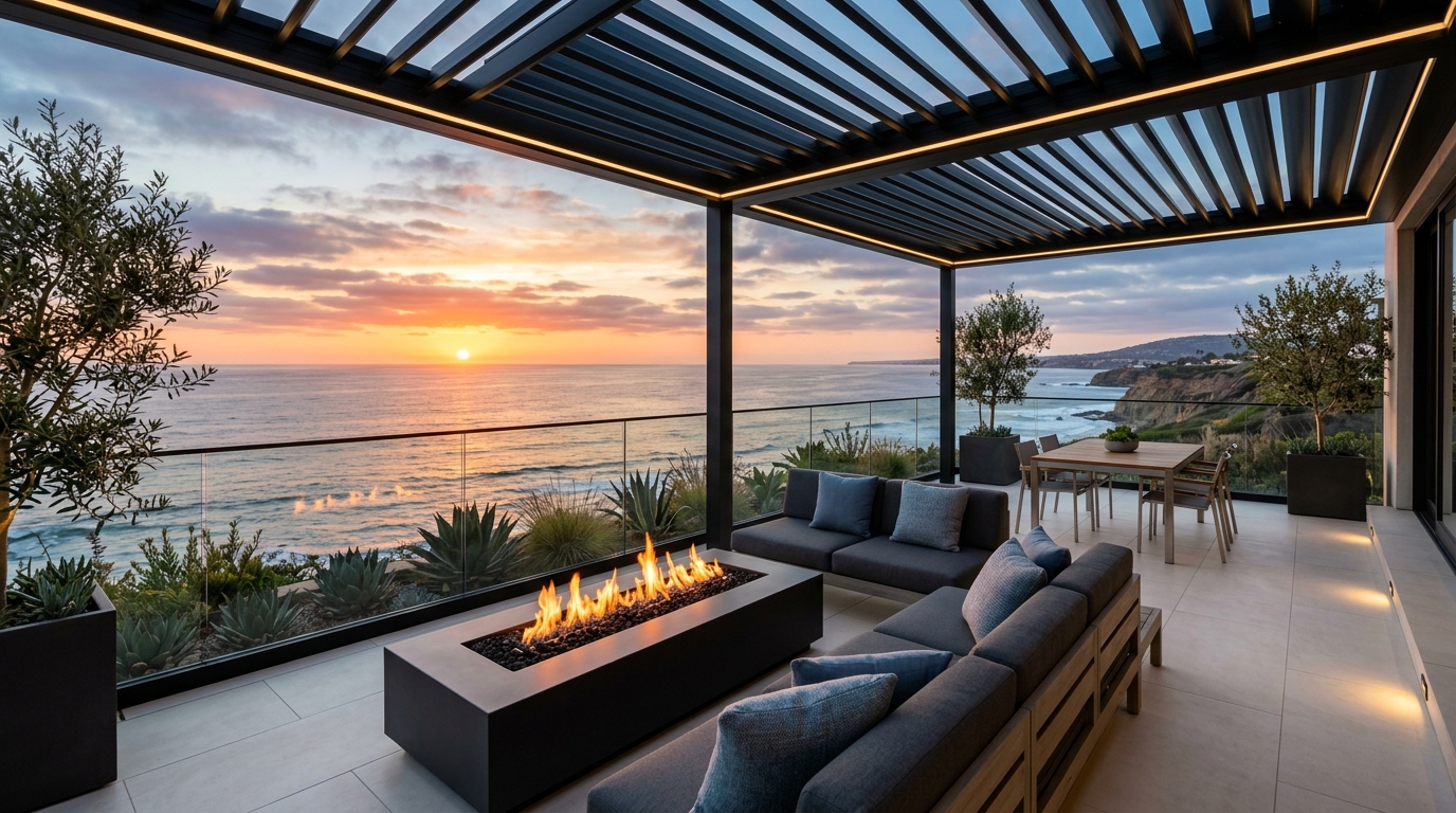 Modern Porcelain Patio with Louvered Pergola & Linear Fire Table in La Jolla
