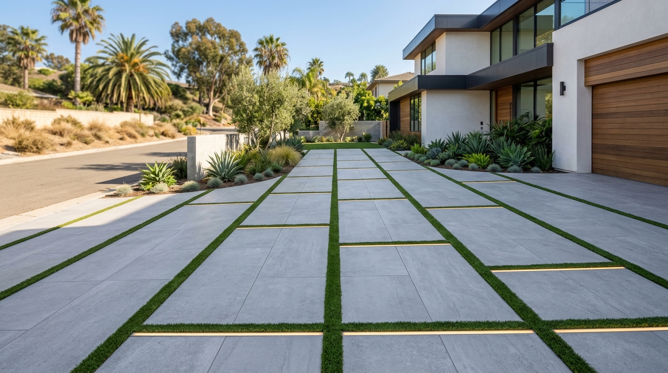 Modern Porcelain Paver Driveway & Turf Ribbon Design in La Jolla
