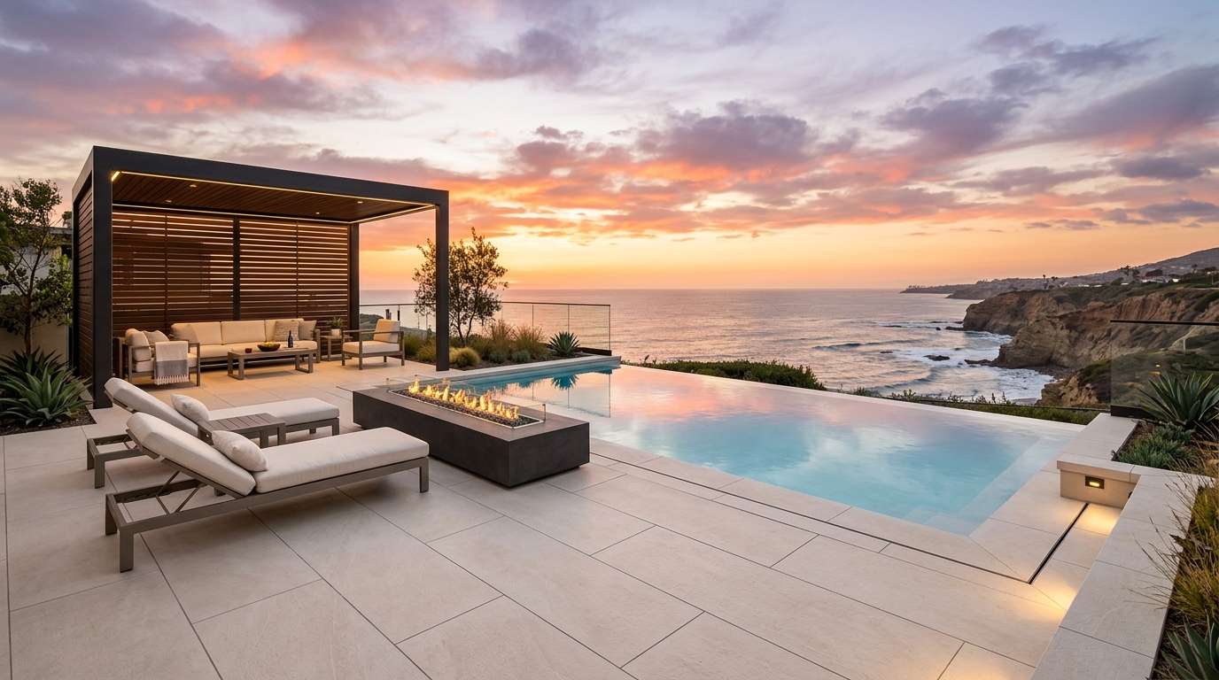 Modern Porcelain Pool Deck with Luxury Cabana & Linear Fire Table in La Jolla