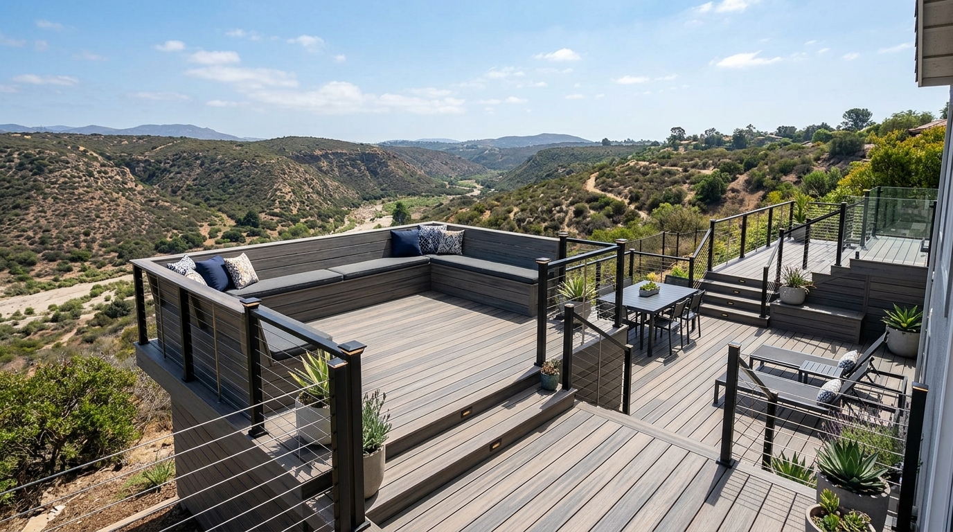 Multi-Level Trex Composite Decking with Cable Railings in Del Mar