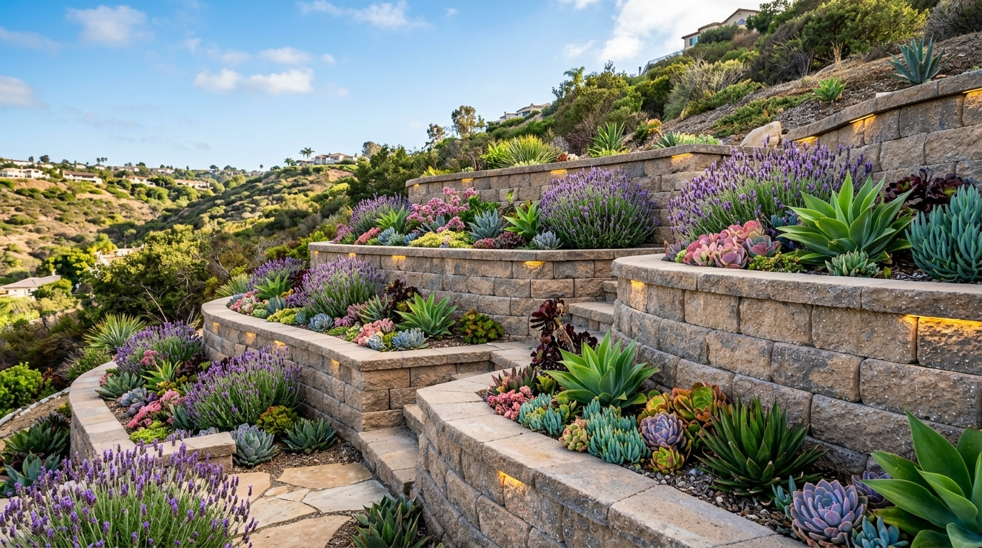 Multi-Tiered Block Retaining Wall & Terraced Garden Planters in Hillcrest