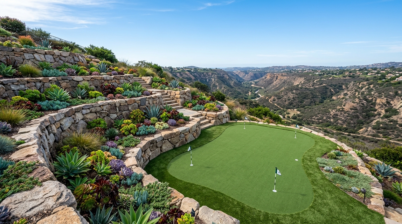 Multi-Tier Granite Retaining Wall & Canyon Putting Green in Poway
